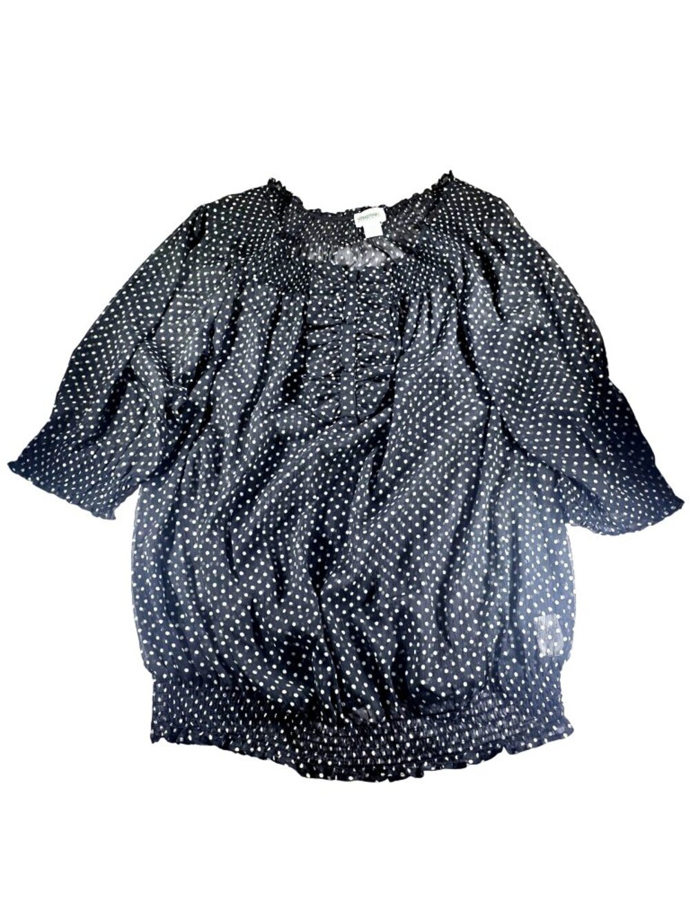 Motherhood Maternity Black White Polka Dot Blouse Large Sheer Ruffle Smocked Hem